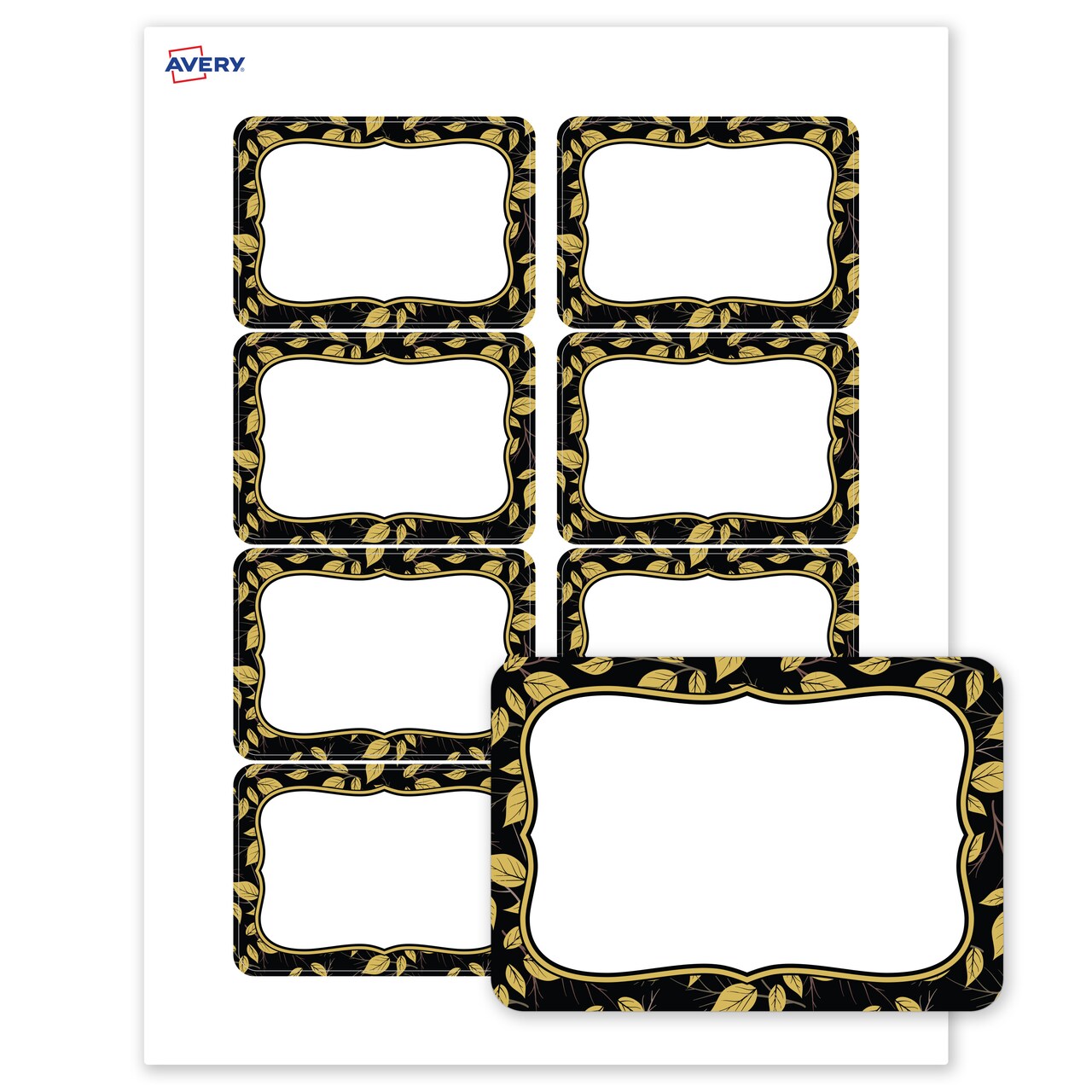 Avery® Printable Adhesive Name Badges, 2-1/3" x 3-3/8", Pre-printed Flourished Black Border w/ Golden Leaves Design, Matte White, Laser & Inkjet Compatible, 80 Total